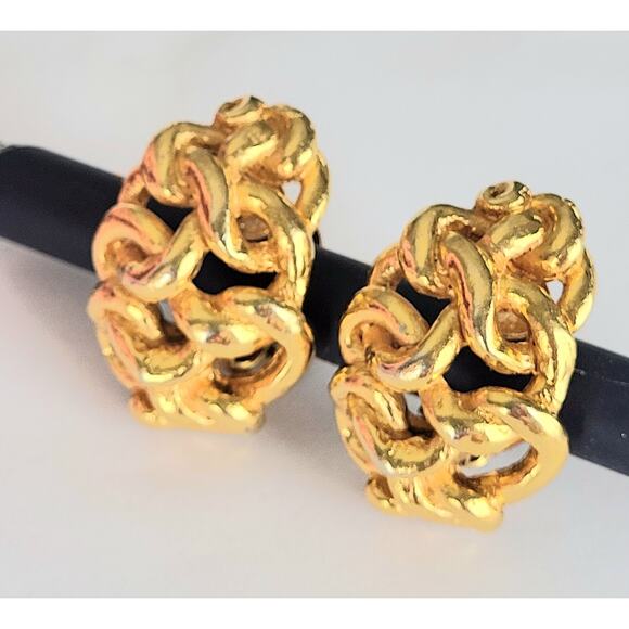 Sonia Rykiel Gold Earrings Chunky Clip-On Signed Vintage Mid Century Modern MCM - Picture 10 of 11
